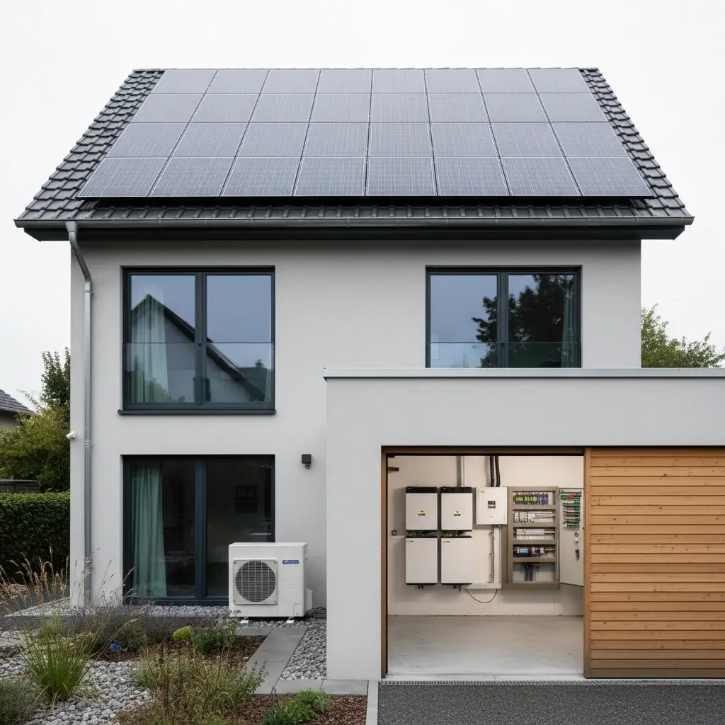 Photovoltaikanlage mit Batteriespeicher und Wärmepumpe am Einfamilienhaus für nachhaltige Energieversorgung.